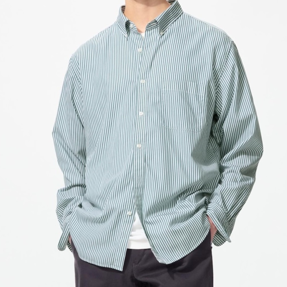 Uniqlo unisex Striped Button Down Shirt - green and White